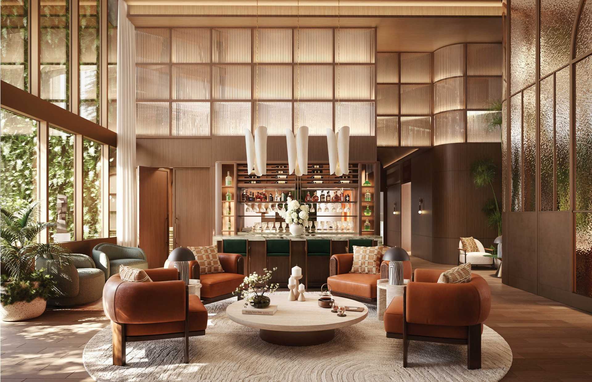 Modern resident lounge and bar with sophisticated ambiance