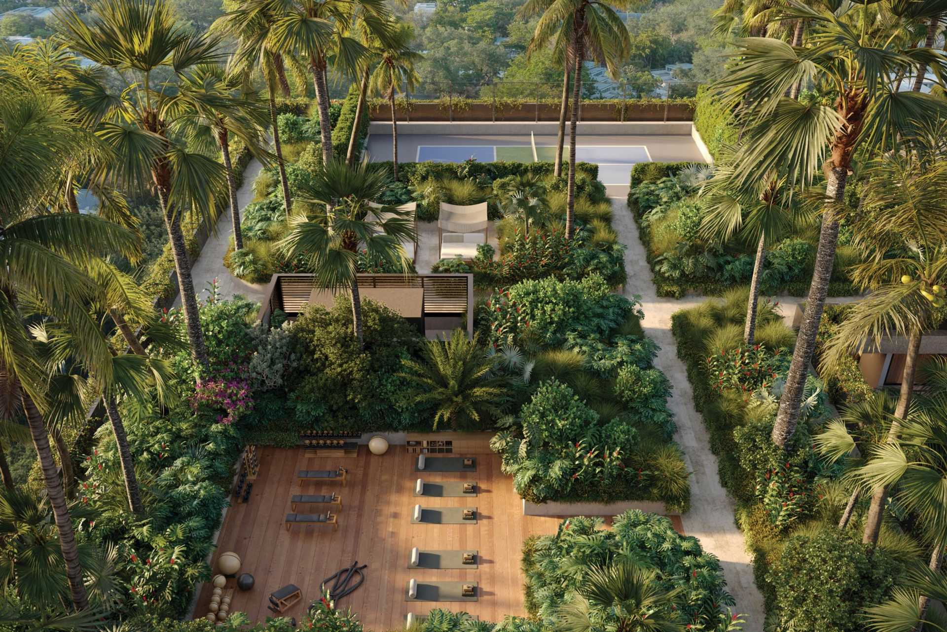 Rooftop fitness aerial at THE WELL Coconut Grove, developer rendering
