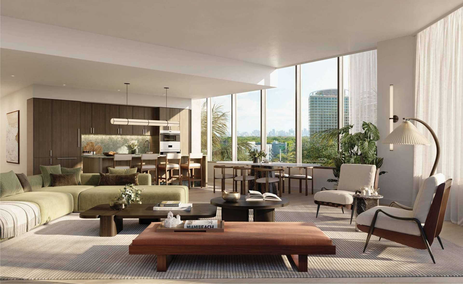 Residence 01 West kitchen and living room at THE WELL Coconut Grove, developer rendering