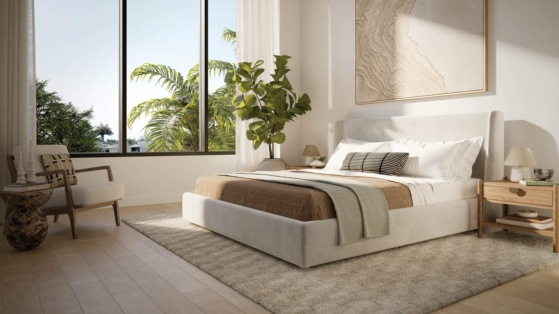 Residence 01 West primary bedroom at THE WELL Coconut Grove, developer rendering