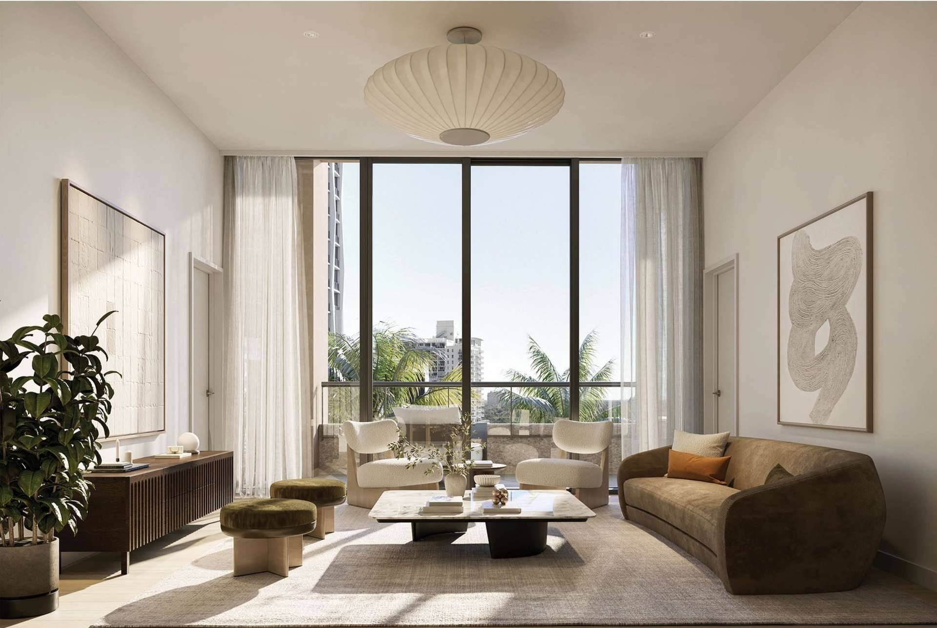Residence 04 South living room at THE WELL Coconut Grove, developer rendering
