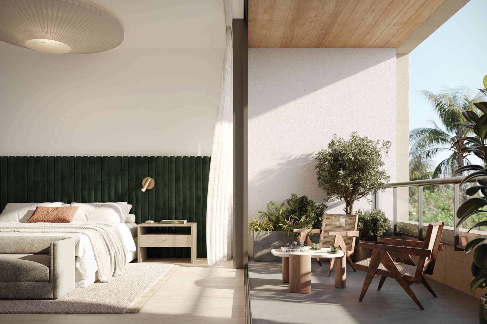 Residence 07 Upper East primary bedroom alternate view at THE WELL Coconut Grove, developer rendering