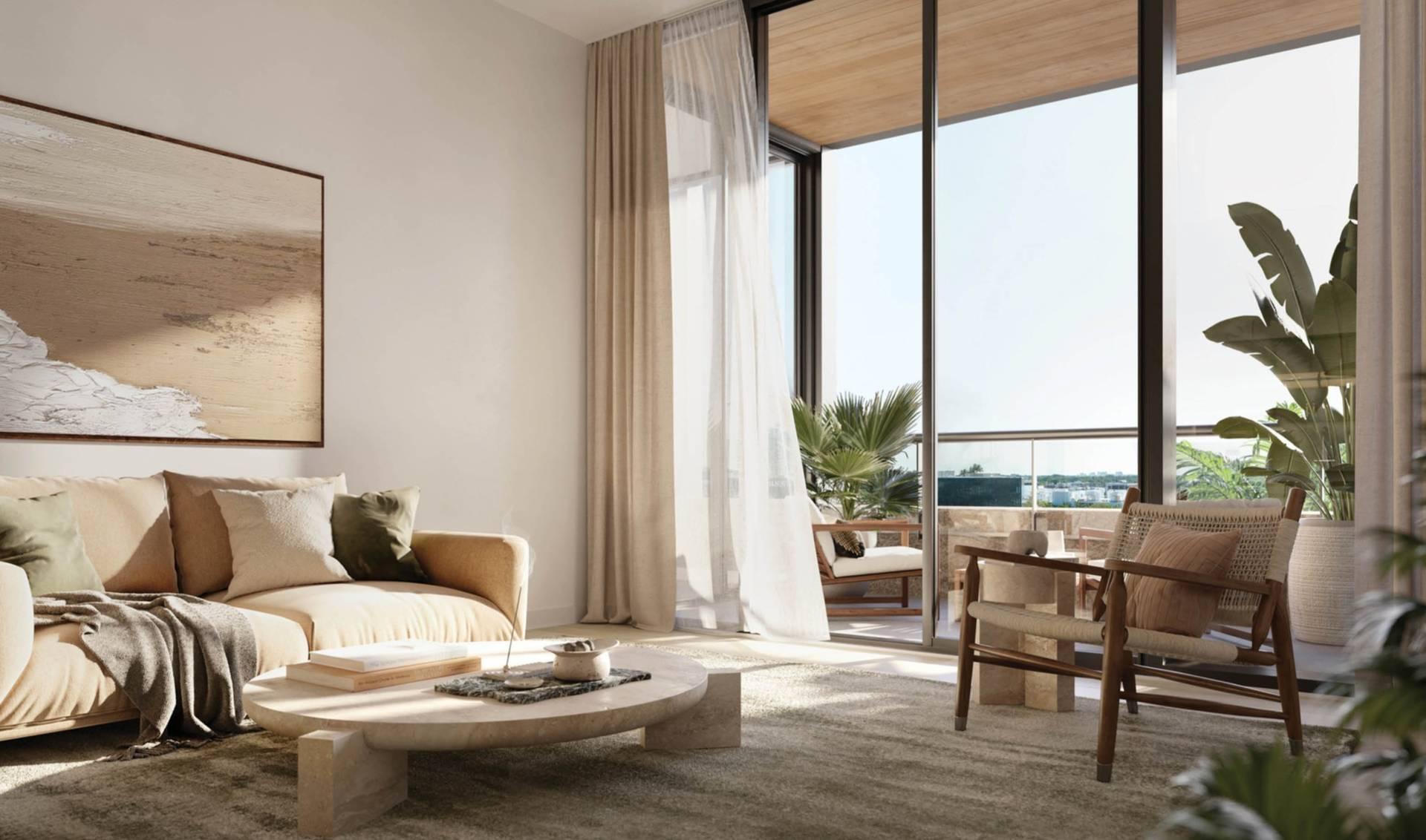 Residence 09 West living room at THE WELL Coconut Grove, developer rendering