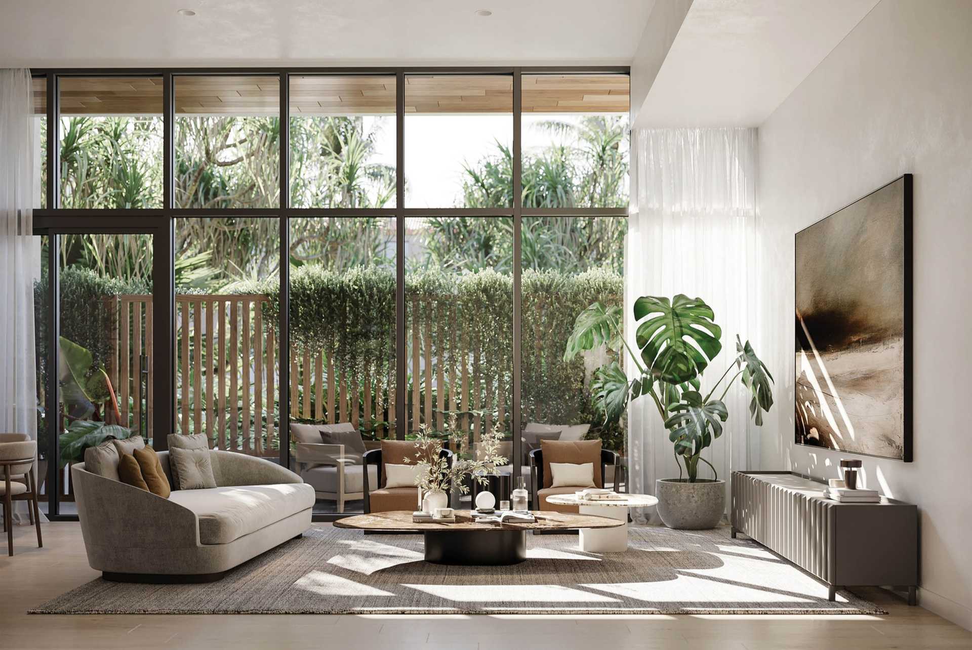 THE WELL Coconut Grove townhouse living room with floor-to-ceiling windows and modern furnishings